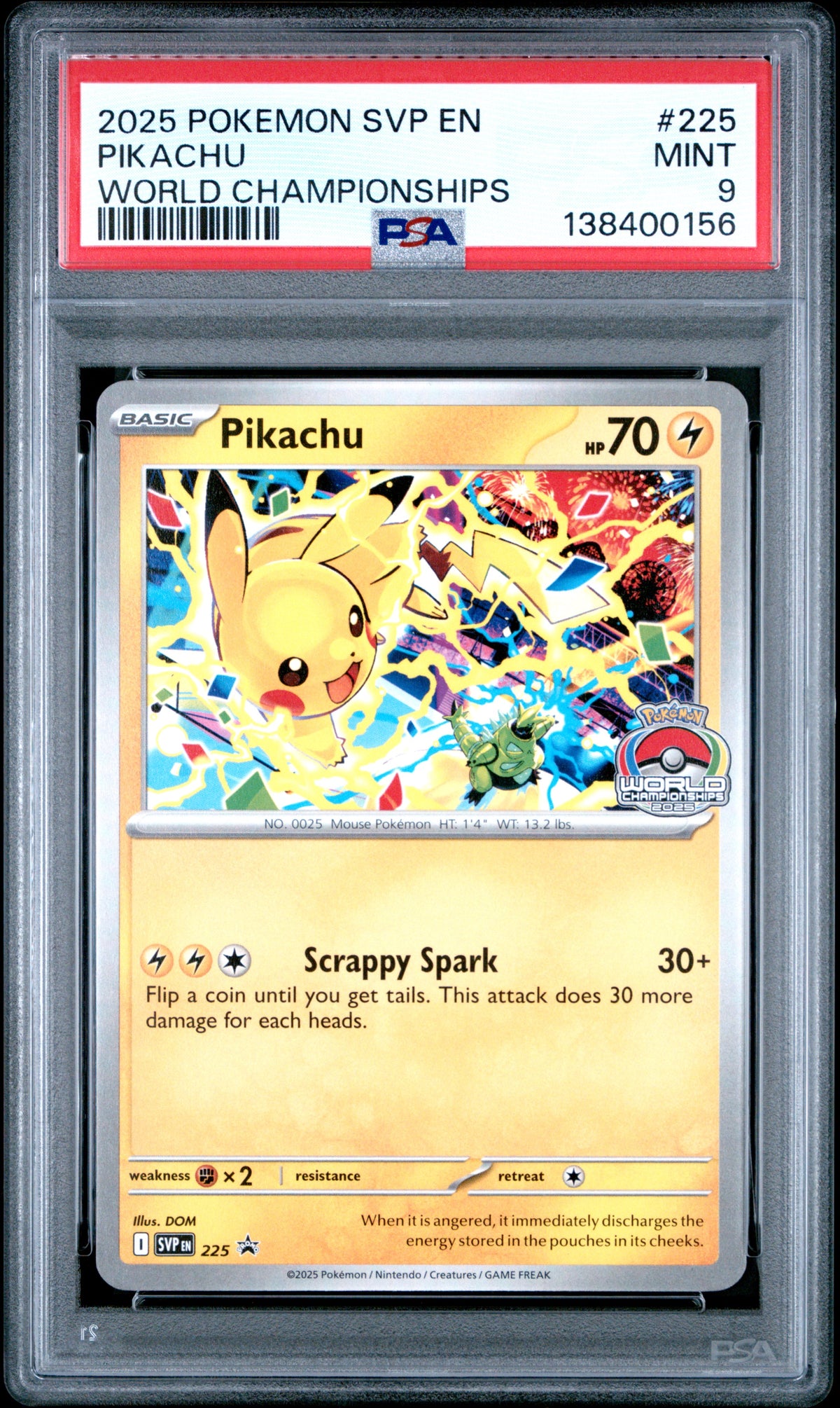 2025 POKEMON SVP EN-SCARLET & VIOLET BLACK STAR PROMOS #225 PIKACHU WORLD CHAMPIONSHIPS PSA 9 – front