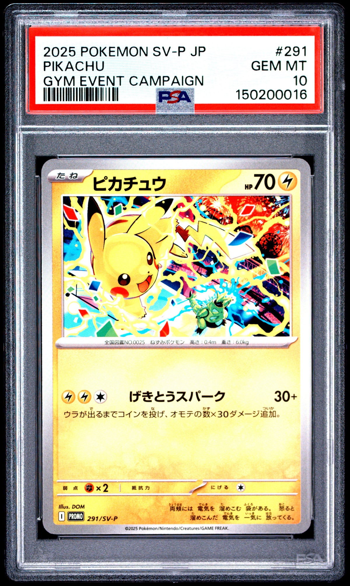 2025 POKEMON JAPANESE SV-P PROMO #291 PIKACHU GYM EVENT CAMPAIGN PSA 10 – front