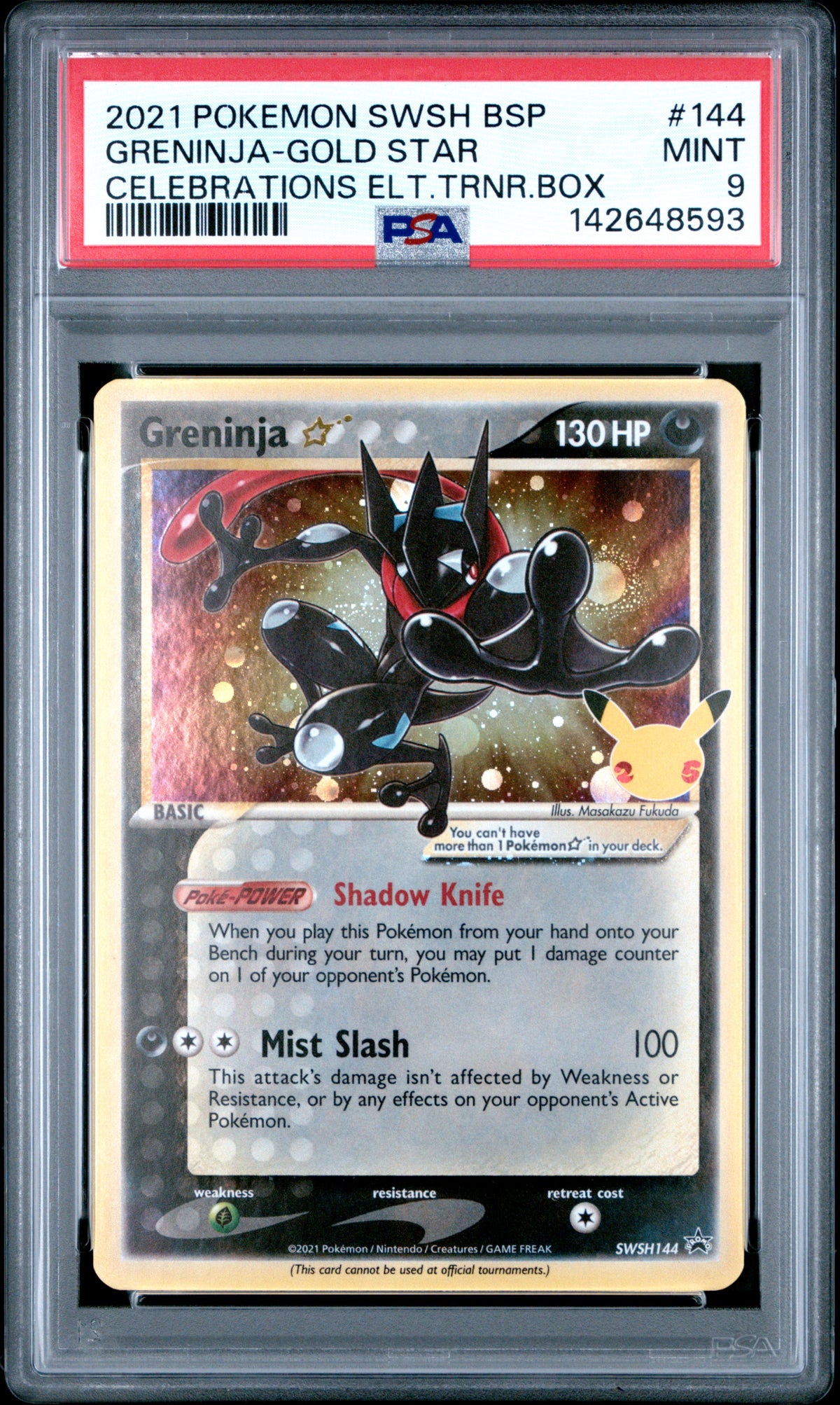 2021 POKEMON SWORD & SHIELD BLACK STAR PROMOS #144 GRENINJA-GOLD STAR CELEBRATIONS ELT.TRNR.BOX PSA 9 – front