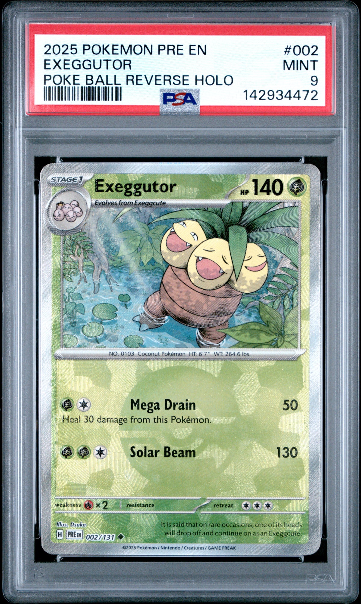 2025 POKEMON PRE EN-PRISMATIC EVOLUTIONS #002 EXEGGUTOR POKE BALL REVERSE HOLO PSA 9 – front