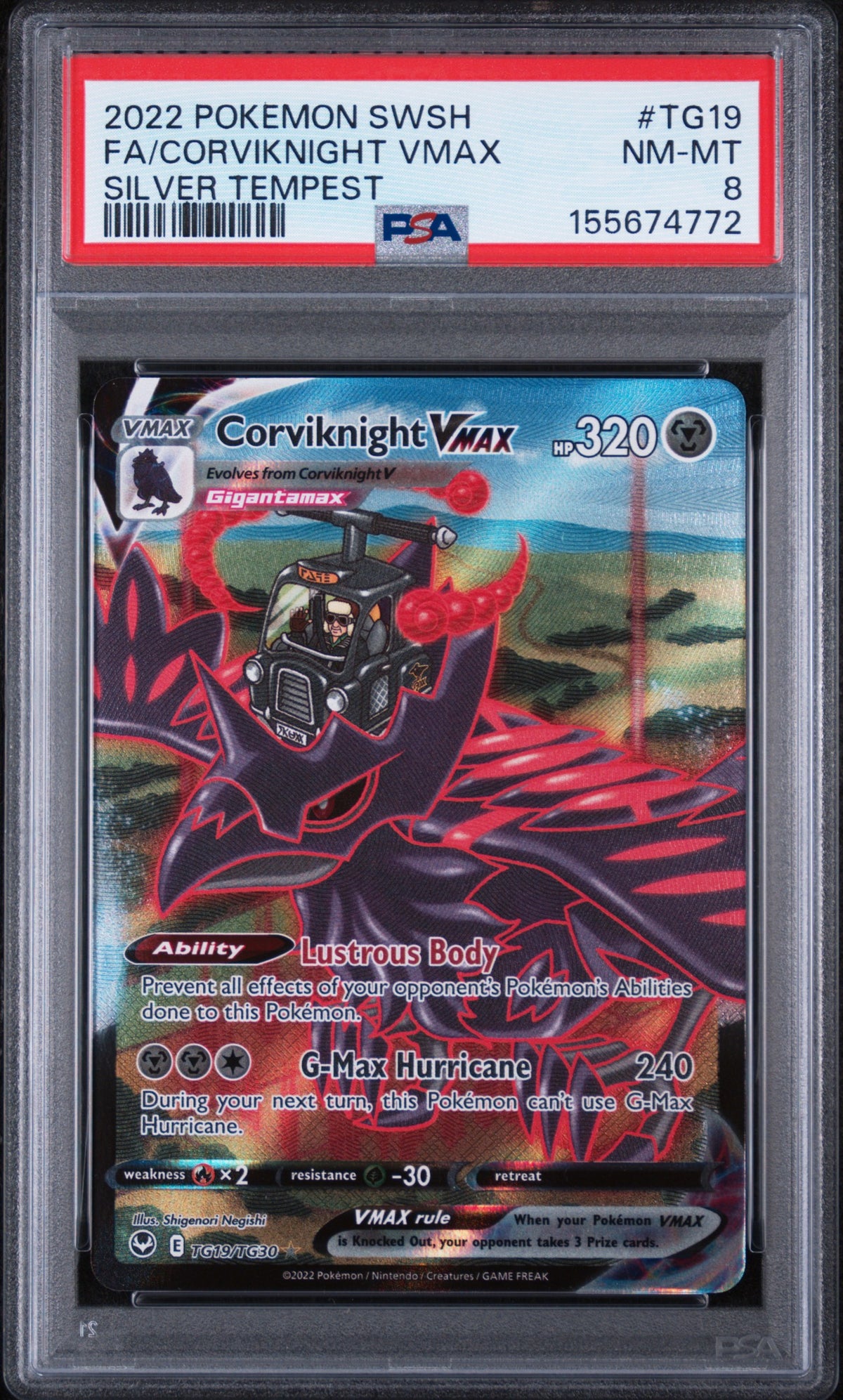 2022 POKEMON SWORD & SHIELD SILVER TEMPEST #TG19 FA/CORVIKNIGHT VMAX PSA 8 – front