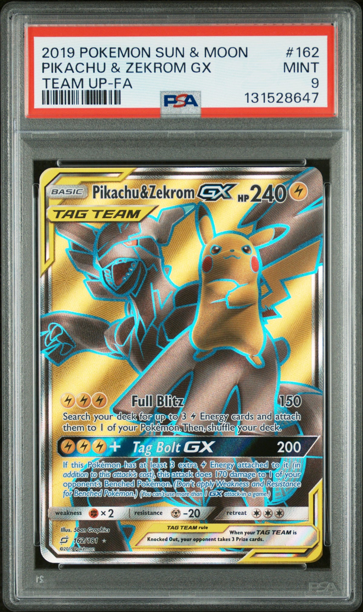 2019 POKEMON SUN & MOON TEAM UP #162 PIKACHU & ZEKROM GX FA PSA 9 – front