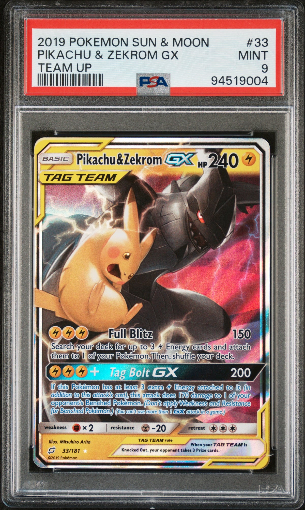 2019 POKEMON SUN & MOON TEAM UP #33 PIKACHU & ZEKROM GX PSA 9 – front
