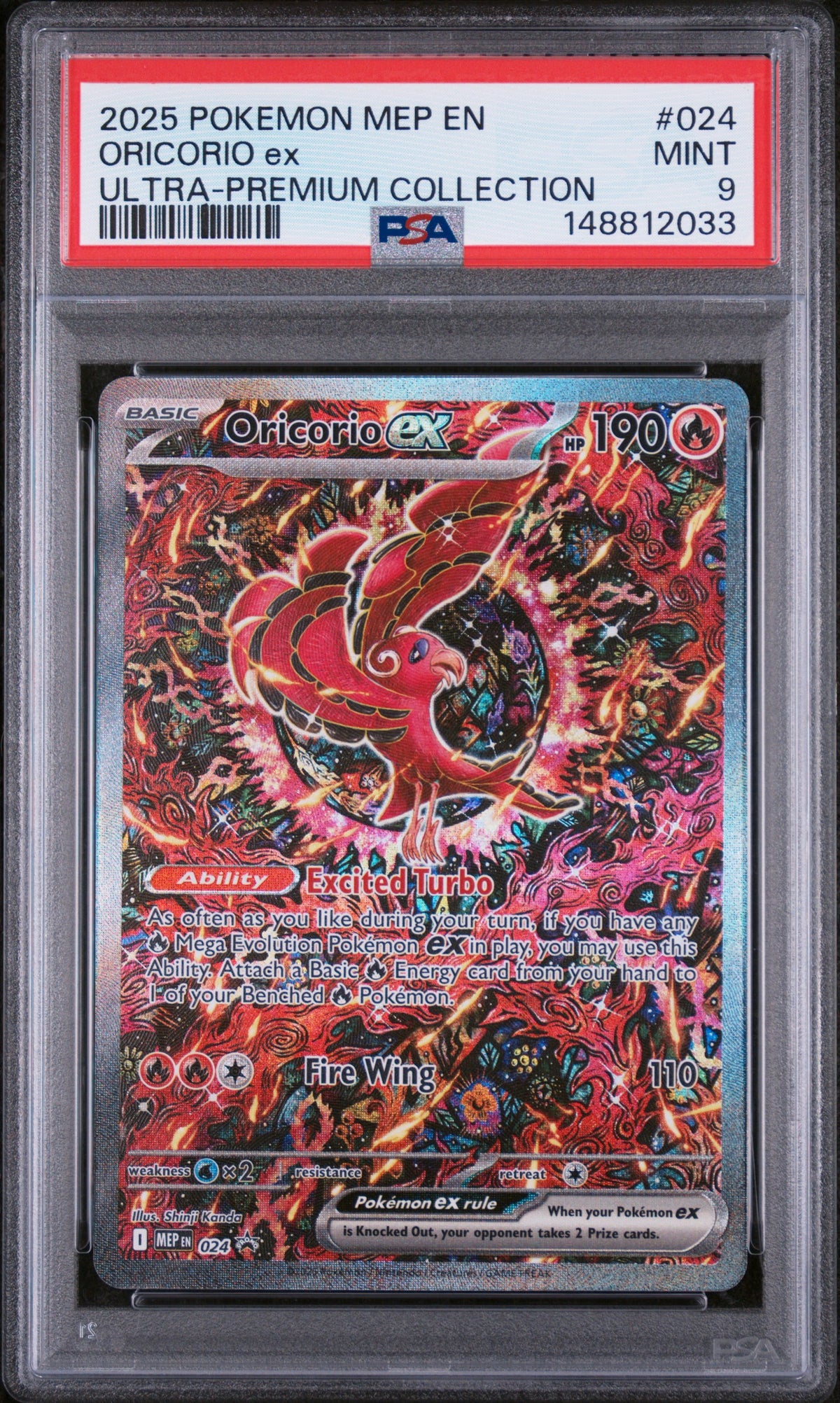 2025 POKEMON MEP EN-MEGA EVOLUTION BLACK STAR PROMOS #024 ORICORIO ex ULTRA-PREMIUM COLLECTION PSA 9 – front