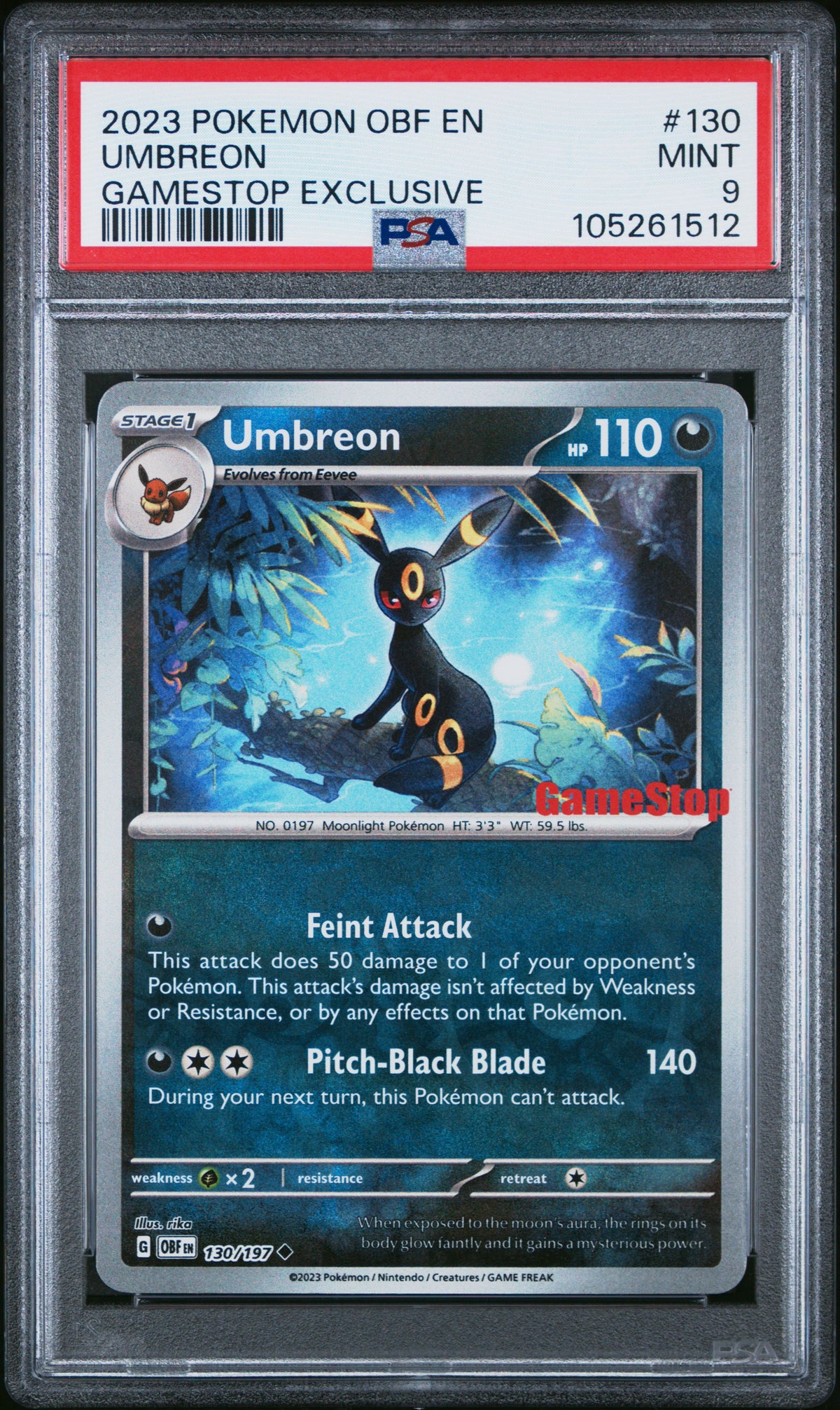 2023 POKEMON OBF EN-OBSIDIAN FLAMES #130 UMBREON GAMESTOP EXCLUSIVE PSA 9 – front