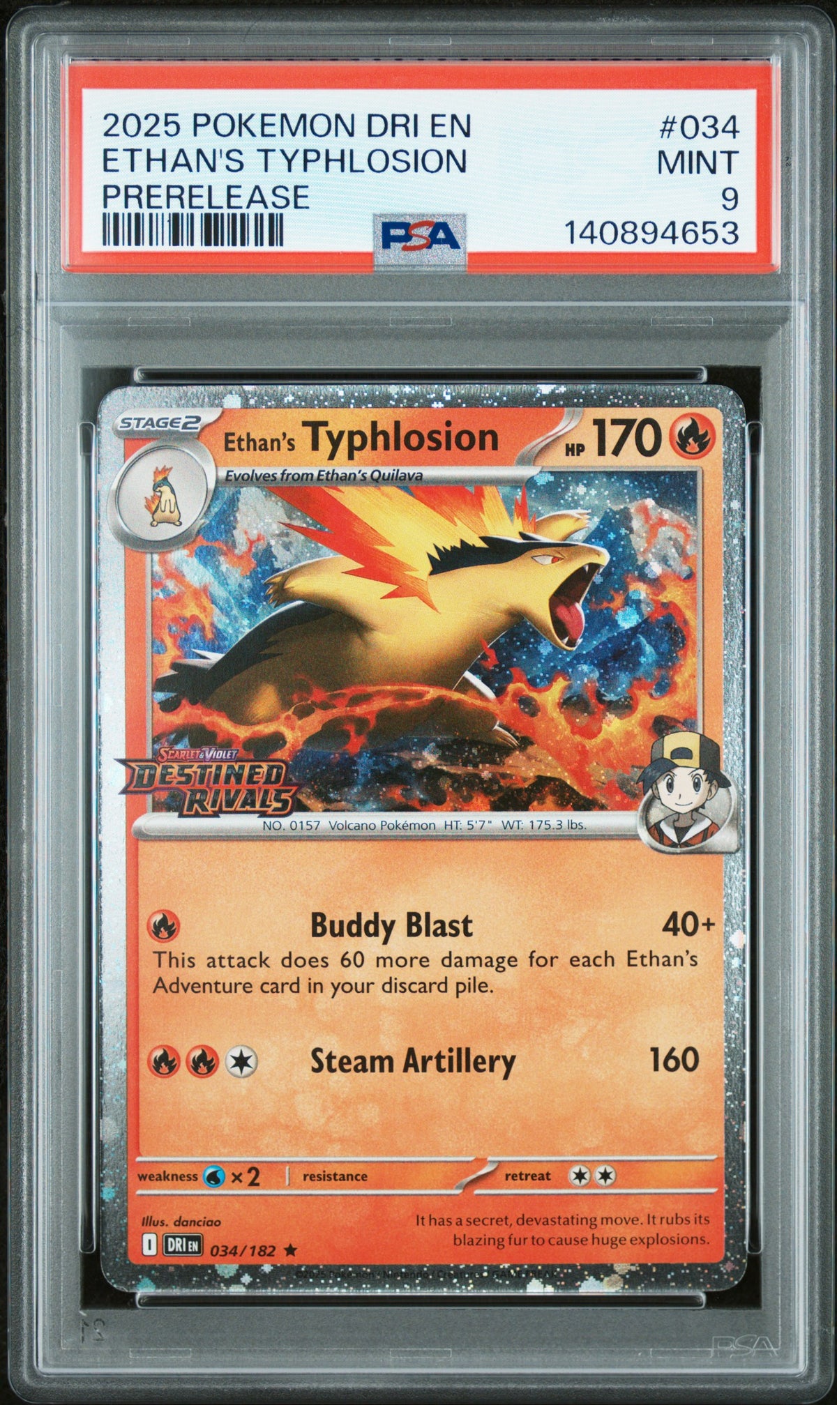 2025 POKEMON DRI EN-DESTINED RIVALS #034 ETHAN'S TYPHLOSION PRERELEASE PSA 9 – front